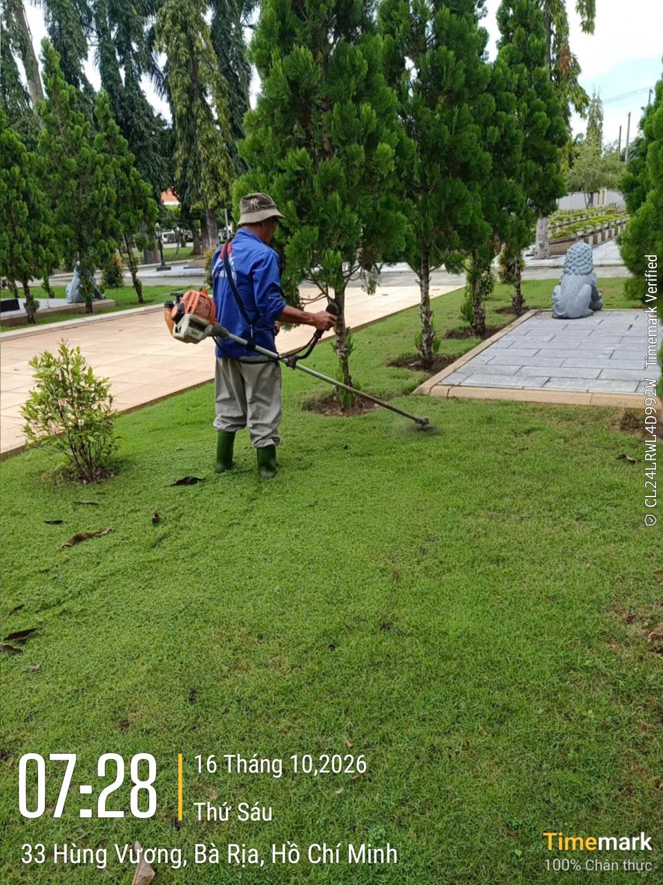 Công nhân Đức Lâm cắt cỏ thảm cỏ khuôn viên tại Bà Rịa